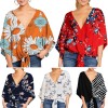 Women Plus Size Loose Blouse V Neck Flared 3/4 Sleeves Knoted Hem Printed Vintage Holiday Spring Summer Casual Shirts