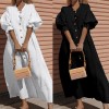 Women Summer Cotton Loose Maxi Dress Vintage Half Lantern Sleeve Button Oversized Solid Big Hem Long Dress