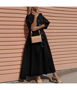 Women Summer Cotton Loose Maxi Dress Vintage Half Lantern Sleeve Button Oversized Solid Big Hem Long Dress