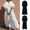 Women Summer Cotton Loose Maxi Dress Vintage Half Lantern Sleeve Button Oversized Solid Big Hem Long Dress