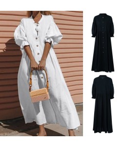 Women Summer Cotton Loose Maxi Dress Vintage Half Lantern Sleeve Button Oversized Solid Big Hem Long Dress