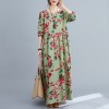 Women Dress Floral Print Multi Color O-Neck Long Sleeve Vintage Casual Loose Beach Holiday