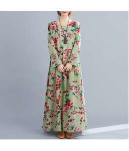 Women Dress Floral Print Multi Color O-Neck Long Sleeve Vintage Casual Loose Beach Holiday