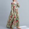 Women Dress Floral Print Multi Color O-Neck Long Sleeve Vintage Casual Loose Beach Holiday