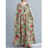 Women Dress Floral Print Multi Color O-Neck Long Sleeve Vintage Casual Loose Beach Holiday