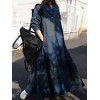 Women Cotton Vintage Plaid Dress Turn Down Collar Long Sleeve Side Pocket Casual Loose Plus Size Robe Gown