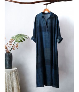 Women Cotton Vintage Plaid Dress Turn Down Collar Long Sleeve Side Pocket Casual Loose Plus Size Robe Gown