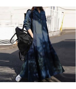 Women Cotton Vintage Plaid Dress Turn Down Collar Long Sleeve Side Pocket Casual Loose Plus Size Robe Gown