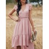 Women Midi Dress V-Neck Sleeveless Elastic Waist Ruffle Hem Dress Lace Splicing Solid Color Cute Casual Dress