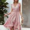 Women Midi Dress V-Neck Sleeveless Elastic Waist Ruffle Hem Dress Lace Splicing Solid Color Cute Casual Dress