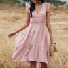 Women Midi Dress V-Neck Sleeveless Elastic Waist Ruffle Hem Dress Lace Splicing Solid Color Cute Casual Dress