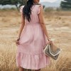 Women Midi Dress V-Neck Sleeveless Elastic Waist Ruffle Hem Dress Lace Splicing Solid Color Cute Casual Dress