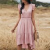 Women Midi Dress V-Neck Sleeveless Elastic Waist Ruffle Hem Dress Lace Splicing Solid Color Cute Casual Dress