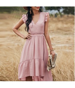 Women Midi Dress V-Neck Sleeveless Elastic Waist Ruffle Hem Dress Lace Splicing Solid Color Cute Casual Dress