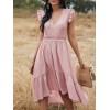 Women Midi Dress V-Neck Sleeveless Elastic Waist Ruffle Hem Dress Lace Splicing Solid Color Cute Casual Dress