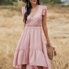 Women Midi Dress V-Neck Sleeveless Elastic Waist Ruffle Hem Dress Lace Splicing Solid Color Cute Casual Dress