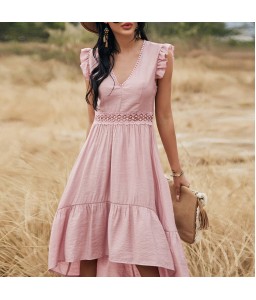 Women Midi Dress V-Neck Sleeveless Elastic Waist Ruffle Hem Dress Lace Splicing Solid Color Cute Casual Dress