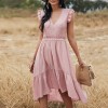 Women Midi Dress V-Neck Sleeveless Elastic Waist Ruffle Hem Dress Lace Splicing Solid Color Cute Casual Dress