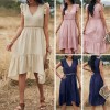 Women Midi Dress V-Neck Sleeveless Elastic Waist Ruffle Hem Dress Lace Splicing Solid Color Cute Casual Dress