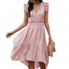 Women Midi Dress V-Neck Sleeveless Elastic Waist Ruffle Hem Dress Lace Splicing Solid Color Cute Casual Dress