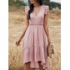 Women Midi Dress V-Neck Sleeveless Elastic Waist Ruffle Hem Dress Lace Splicing Solid Color Cute Casual Dress