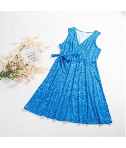 Women Printed Dress Vintage Belted V-Neck Sleeveless Mini Dress Holiday Beach Summer Vestido