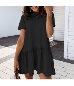 Women Mini Dress Short Sleeve O-neck Ruffle Hem Solid Color Loose Casual Dress