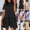 Women Mini Dress Short Sleeve O-neck Ruffle Hem Solid Color Loose Casual Dress