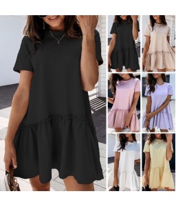 Women Mini Dress Short Sleeve O-neck Ruffle Hem Solid Color Loose Casual Dress