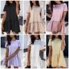 Women Mini Dress Short Sleeve O-neck Ruffle Hem Solid Color Loose Casual Dress