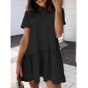 Women Mini Dress Short Sleeve O-neck Ruffle Hem Solid Color Loose Casual Dress