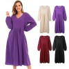 Women Solid Color Dress V Neck Long Sleeve Elastic Cuff Ruched Loose Summer Dress