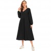 Women Solid Color Dress V Neck Long Sleeve Elastic Cuff Ruched Loose Summer Dress