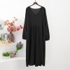 Women Solid Color Dress V Neck Long Sleeve Elastic Cuff Ruched Loose Summer Dress