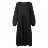 Women Solid Color Dress V Neck Long Sleeve Elastic Cuff Ruched Loose Summer Dress