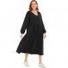 Women Solid Color Dress V Neck Long Sleeve Elastic Cuff Ruched Loose Summer Dress