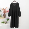 Women Solid Color Dress V Neck Long Sleeve Elastic Cuff Ruched Loose Summer Dress