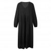 Women Solid Color Dress V Neck Long Sleeve Elastic Cuff Ruched Loose Summer Dress