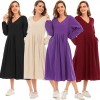 Women Solid Color Dress V Neck Long Sleeve Elastic Cuff Ruched Loose Summer Dress