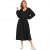 Women Solid Color Dress V Neck Long Sleeve Elastic Cuff Ruched Loose Summer Dress