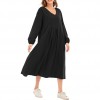 Women Solid Color Dress V Neck Long Sleeve Elastic Cuff Ruched Loose Summer Dress