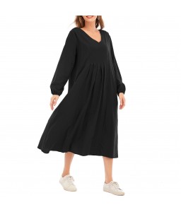 Women Solid Color Dress V Neck Long Sleeve Elastic Cuff Ruched Loose Summer Dress