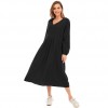 Women Solid Color Dress V Neck Long Sleeve Elastic Cuff Ruched Loose Summer Dress