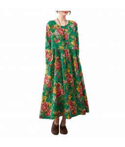 Women Vintage Loose Floral Dress Long Sleeves Pockets Holiday Dress for Fall Winter