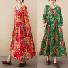 Women Vintage Loose Floral Dress Long Sleeves Pockets Holiday Dress for Fall Winter