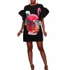 Women Plus Size T-shirt Dress Colorblock Bird Floral Print Appliqued Ruffle Sleeve Casual Loose Mini One-Piece