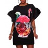 Women Plus Size T-shirt Dress Colorblock Bird Floral Print Appliqued Ruffle Sleeve Casual Loose Mini One-Piece