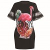 Women Plus Size T-shirt Dress Colorblock Bird Floral Print Appliqued Ruffle Sleeve Casual Loose Mini One-Piece