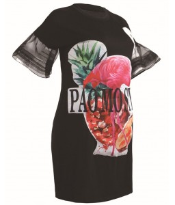 Women Plus Size T-shirt Dress Colorblock Bird Floral Print Appliqued Ruffle Sleeve Casual Loose Mini One-Piece