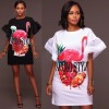 Women Plus Size T-shirt Dress Colorblock Bird Floral Print Appliqued Ruffle Sleeve Casual Loose Mini One-Piece